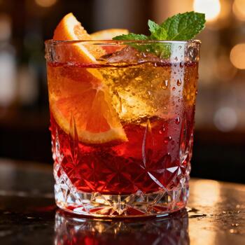 refrescante enfriado bebida con agrios rebanadas y hierba adornar se sienta sobre un reflexivo superficie foto