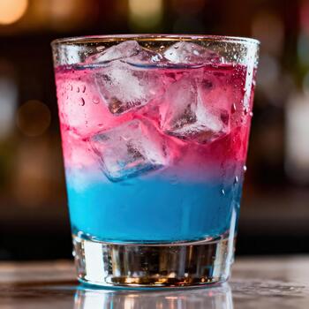 Vibrant layered beverage with ice cubes sits on a reflective surface in a dimly lit setting photo