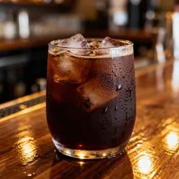 refrescante enfriado oscuro bebida con hielo cubitos descansa en un pulido de madera bar superficie foto
