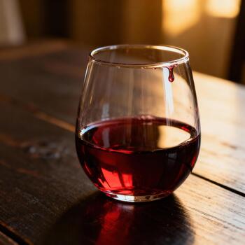 sin tallo vaso conteniendo oscuro rojo bebida descansa sobre un de madera superficie iluminado por calentar ligero. foto