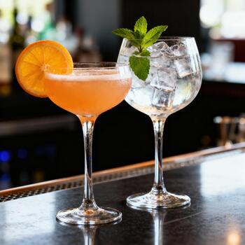 Two stylish mixed drinks sit ready for serving upon a dark reflective bar surface photo