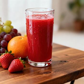 Vibrant red blended beverage sits next to assorted fresh fruits on a wooden surface photo