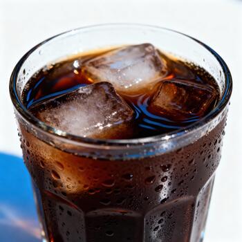 Refreshing dark beverage fills a textured glass with large ice cubes under bright light photo