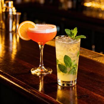 dos vistoso, mezclado alcohólico bebidas sentar Listo para consumo en un calurosamente iluminado de madera bar superficie foto