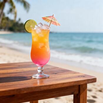 Tropical mixed beverage with ice sits upon a wooden surface overlooking an ocean shore photo