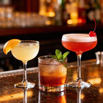 Three chilled, expertly crafted cocktails sit illuminated on a polished bar surface photo
