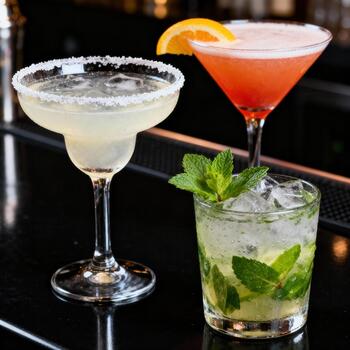 surtido de Tres enfriado mezclado bebidas con varios guarnaciones desplegado sobre un oscuro reflexivo superficie foto