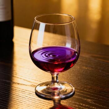 Clear glass bowl shaped drinking vessel holds deep colored liquid with concentric ripples on surface photo