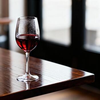Glass filled with dark red beverage rests on polished wooden surface near window photo