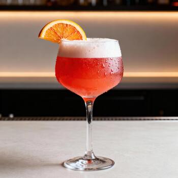 Refreshing pink beverage with white foam and an orange slice sits on a bar surface photo