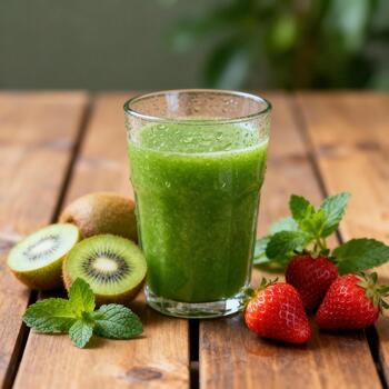 Glass of vibrant green blended beverage rests on rustic wooden surface with fresh fruit and herbs photo