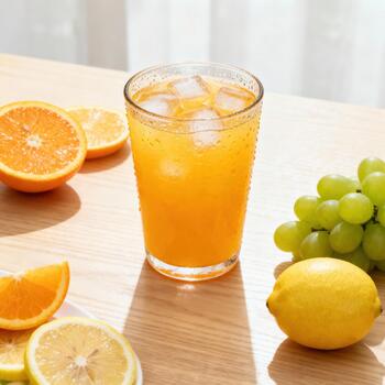 enfriado agrios bebida se sienta en un brillante de madera superficie rodeado por Fresco todo y rebanado Fruta foto