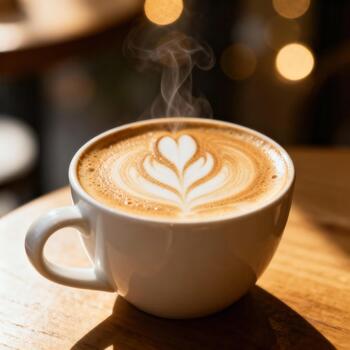 Steaming cup of milky coffee beverage displaying intricate foam artistry resting on a sunlit wooden surface photo
