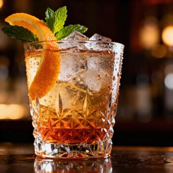 Refreshing chilled amber cocktail garnished with citrus peel and mint sits on a reflective bar surface photo