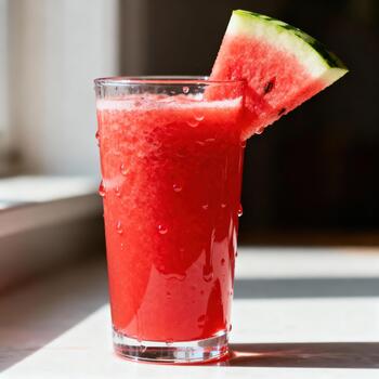 refrescante aplastada Fruta bebida descansa sobre un iluminado por el sol blanco superficie con un guarnación. foto