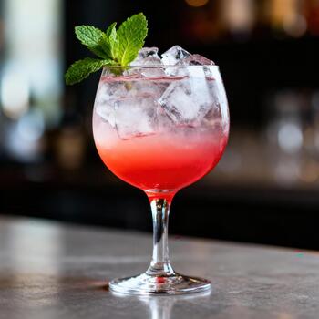 Vibrant red cocktail garnished with fresh mint rests on a bar counter with shallow depth of field. photo