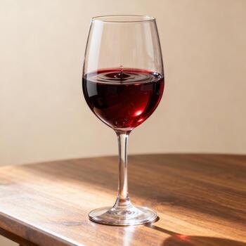 Crystal stemmed glass holds deep crimson liquid with a droplet creating ripples on the surface photo