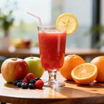 mezclado Fruta bebida adornado con agrios rebanada se sienta Listo para consumo rodeado por Fresco todo y cortar Produce foto