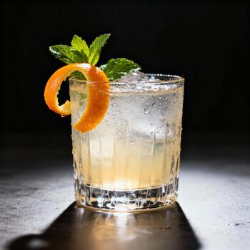 enfriado, refrescante bebida se sienta en un oscuro superficie adornado con agrios pelar y Fresco menta hojas foto