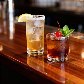 Two chilled mixed drinks rest upon a glossy wooden bar surface in a dimly lit establishment photo