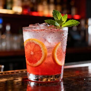 Chilled ruby colored refreshment garnished with citrus slices and mint sits upon a reflective bar top photo