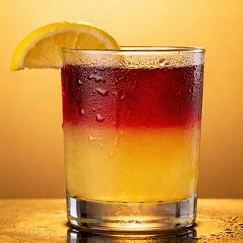 Chilled layered beverage with citrus garnish sits on a wet surface against a warm background photo