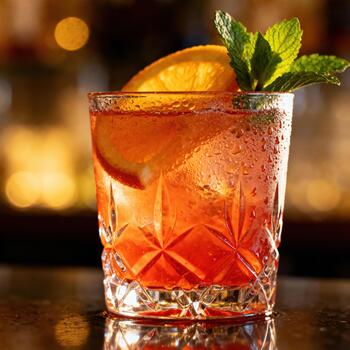 Chilled orange tinted beverage garnished with citrus slice and fresh herb sits on a reflective surface photo