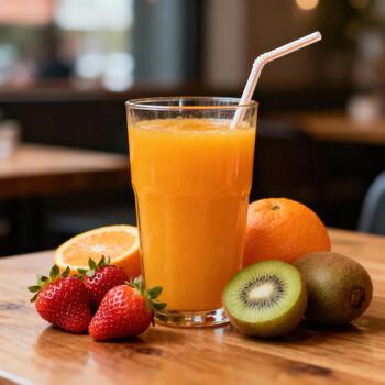 alto vaso de Fresco agrios y kiwi jugo presentado con todo y rebanado frutas en un de madera superficie foto