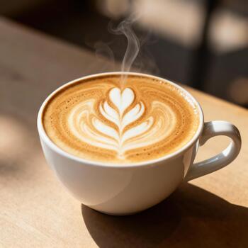 humeante caliente taza de café con elaborar Leche espuma Arte descansa en un de madera superficie bañado en luz de sol foto