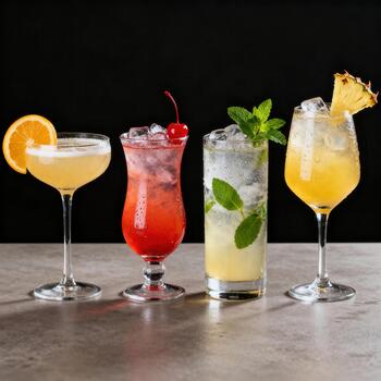 cuatro clasificado vistoso enfriado bebidas sentar lado por lado en un suave superficie en contra un oscuro fondo foto