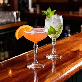 dos refrescante mezclado bebidas sentar Listo para disfrute sobre un pulido de madera bar parte superior foto