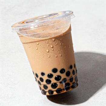 Refreshing chilled beverage with tapioca pearls resting on a light surface photo