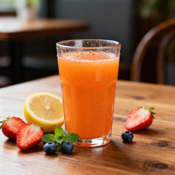 enfriado, refrescante Fruta y vegetal bebida soportes alto en un de madera mesa superficie foto