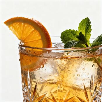 Refreshing amber beverage garnished with citrus and fresh herbs sits in a cut glass against a bright background photo