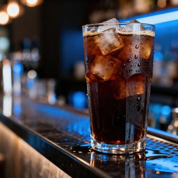 Tall glass filled with dark beverage and ice cubes sits on a wet bar counter with soft lights in background photo