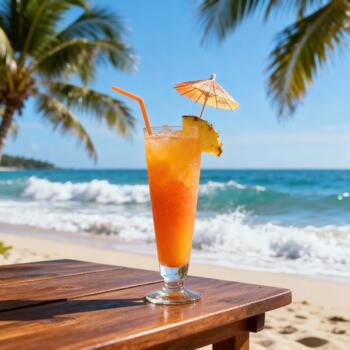 Refreshing tropical beverage rests on wooden surface beside ocean waves under clear sky photo