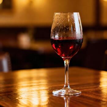 Single stemmed glass of ruby liquid rests upon a glossy wooden surface in dim lighting photo