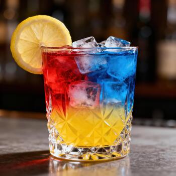 Layered multicolored beverage with ice cubes and citrus slice rests on a textured bar top photo