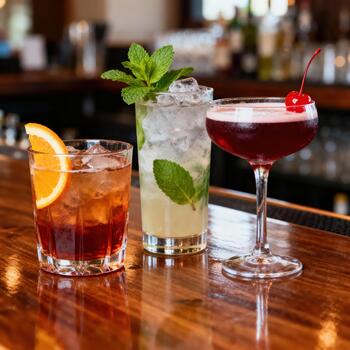 Three colorful, garnished mixed beverages sit ready on a glossy wooden bar surface photo