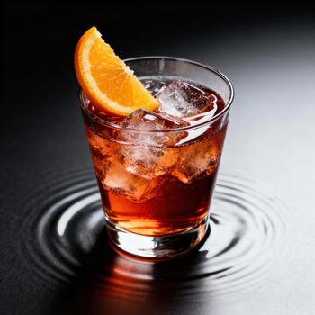Richly colored beverage garnished with citrus slice rests upon a dark surface creating concentric water ripples photo