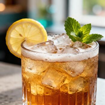 enfriado ámbar bebida servido en un vaso con hielo, adornado con agrios y hierbas foto