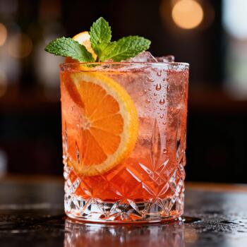 vibrante enfriado bebida con agrios rebanada y menta adornar se sienta en un reflexivo superficie foto