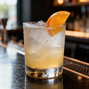 Refreshing chilled beverage garnished with a citrus slice rests on a reflective bar surface photo