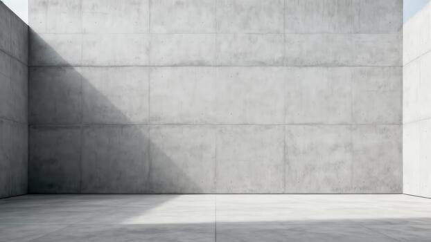 Stark, minimalist interior space featuring textured concrete walls and floor bathed in sharp sunlight photo