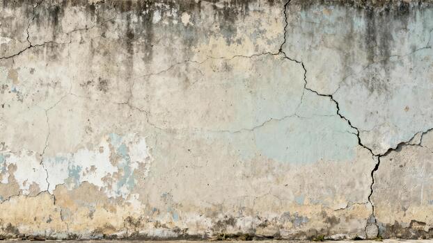 Weathered concrete surface exhibits extensive cracking and peeling paint coloration photo