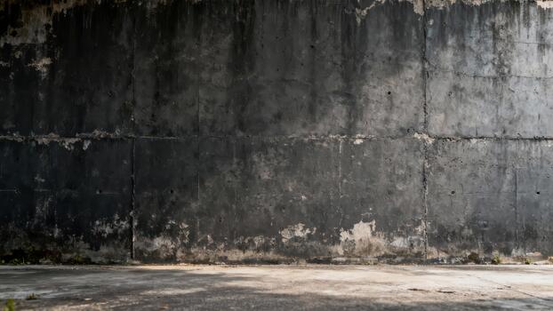 Weathered dark concrete structure forms a grungy, empty background surface photo