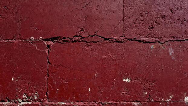 Textured deep red painted masonry surface displays prominent cracks and imperfections photo