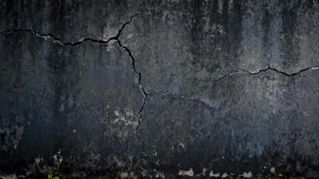 Dark textured concrete surface displays significant structural fissures and weathered discoloration photo