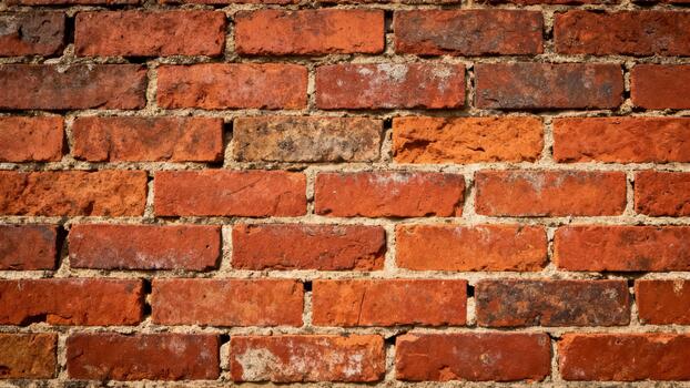 Weathered red clay bricks form a rustic, repeating pattern in a wall section. photo