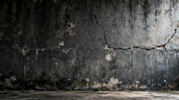 Dark, distressed concrete wall surface displays significant cracking and textured deterioration photo
